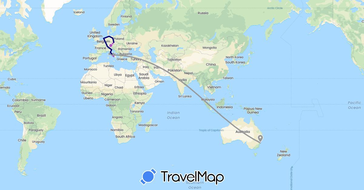 TravelMap itinerary: driving, plane, train in Australia, Switzerland, Czech Republic, Germany, Italy, Netherlands (Europe, Oceania)